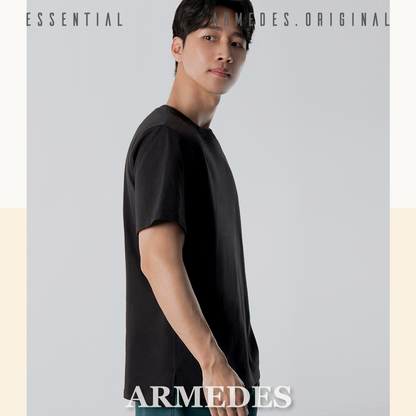 ARMEDES アルメデス Tシャツ 通気性 形状記憶 レイヤード 20番 アシンメトリーサイドスリット ラウンド 半袖 コットン100％ ピュアコットン メンズ M-2XL ブラック/ホワイト オールシーズン AR509 送料無料